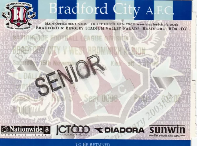 Ticket - Bradford City v West Bromwich Albion (Undated)