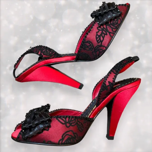 Vintage Y2K Betsey Johnson Black & Red Lace Kitten Heels w/Bow Detail Women’s 8