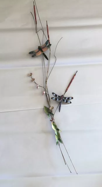 Bovano ~ Enameled Copper Wall Sculpture Dragonflies w/ White & Pink Flowers 35”