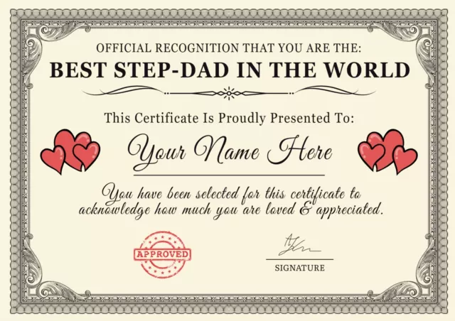 Personalised 'Best Step-Dad In The World' Certificates Gift/Print 2