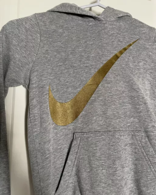 Girls Nike Sportswear Heather Gray Hoodie XS (6-7) Sweatshirt Gold Swoosh logo