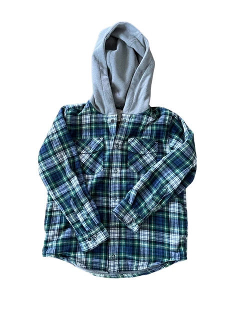 LL Bean Fleece Jacket Boys L6X-7 Green Fleece Lined Button Hooded Flannel Youth
