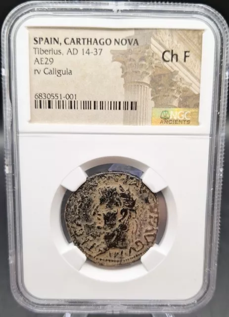 Tiberio Y Calígula Como Caesar Ad 14-37 Ae 29, Cartago Nova España Moneda Romana Ngc