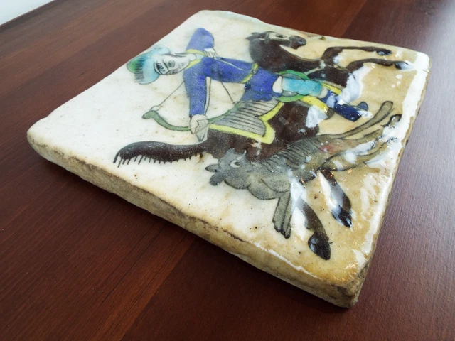 Antique Persian Glazed Tile Mounted Archer Hunting Style Qajar Tiger Islamic Art 9
