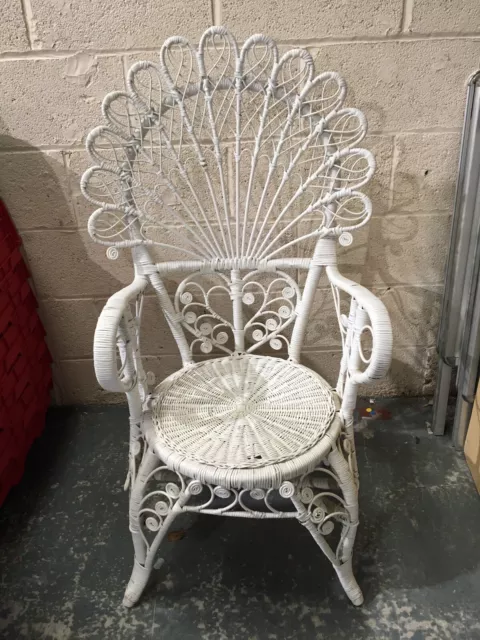 Vintage Retro Peacock Rattan Wicker Chair White Painted Boho Cane Adult Size