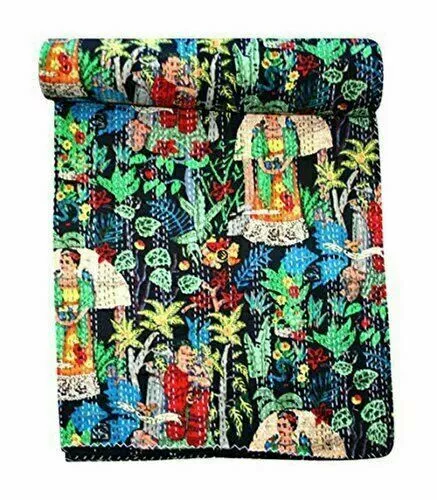 Indian Handmade Cotton Frida Kahlo Print Kantha Quilt Bedspread Blanket Throw