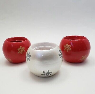 Juego de 3 portavelas votivas de cerámica roja y blanca con cuenco de nieve decoración navideña