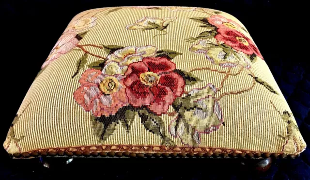 French Pink Rose Needlepoint Low Footstool. 14 1/2” Square.Round 2 1/4”legs. VTG