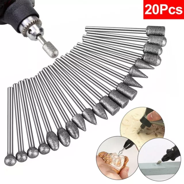 20PCS Diamond Round Burr Drill Bit Cutting Grinding for Dremel Rotary Tool Stone