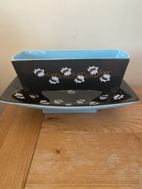 Vintage Eastgate Pottery Footed Tray Plate Planter Black Floral Leaves Hornsea