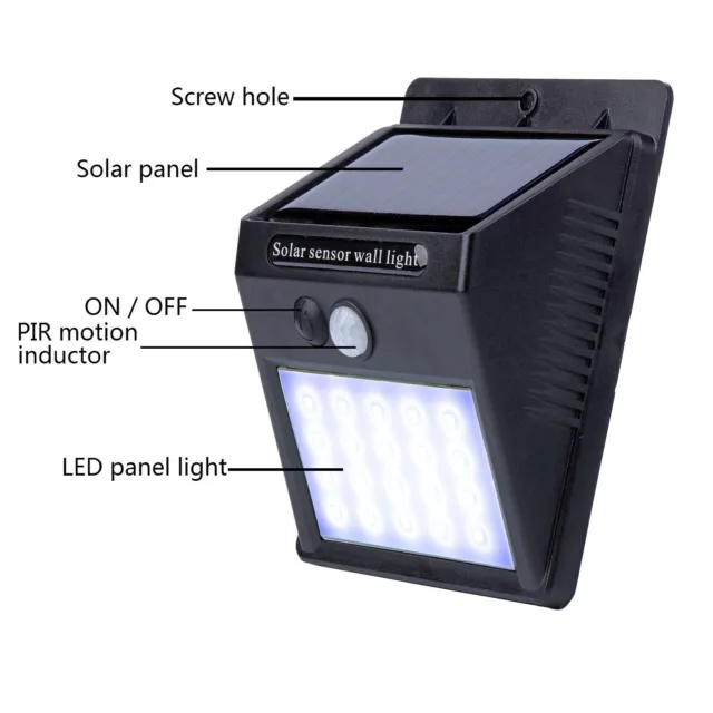 Luz LED Bombilla Panel Solar Pir Sensor de Movimiento Para Exterior 20 LED