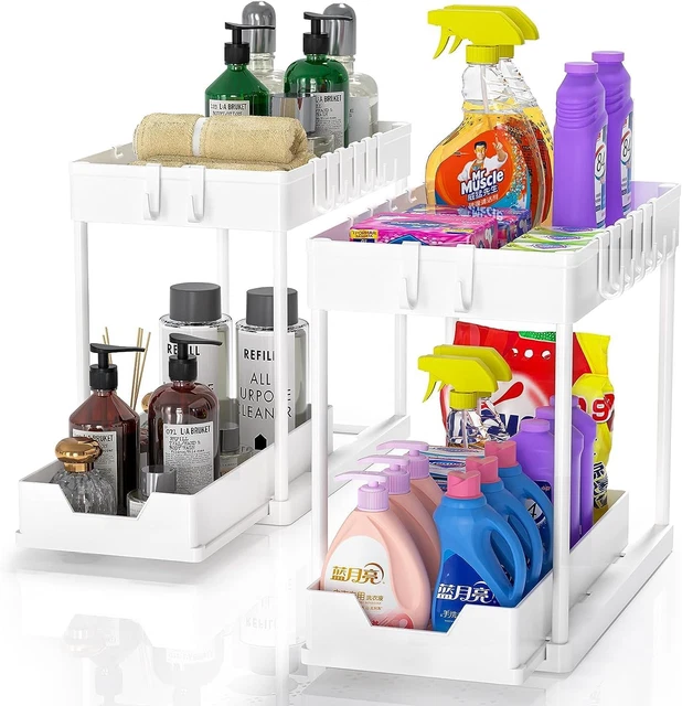 REALINN Organizzatore Sotto Lavello 2 Livelli A L – Ripiano Estraibile Per Cucina E Bagno, Bianco, Confezione Da 2 – Acciaio Antiruggine, Capacità 22,7 Kg
