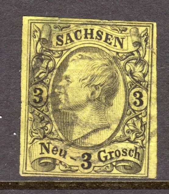 German States - Saxony Scott #12 Used VF 1855 3 Neu-Groschen Black on Yellow