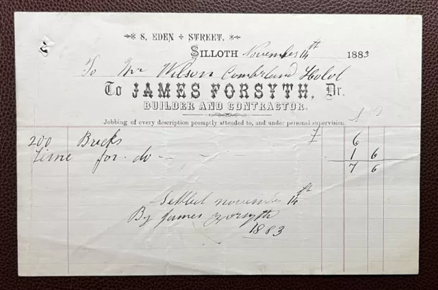 1883 James Forsyth, Builder, 8 Eden Street, Silloth Invoice