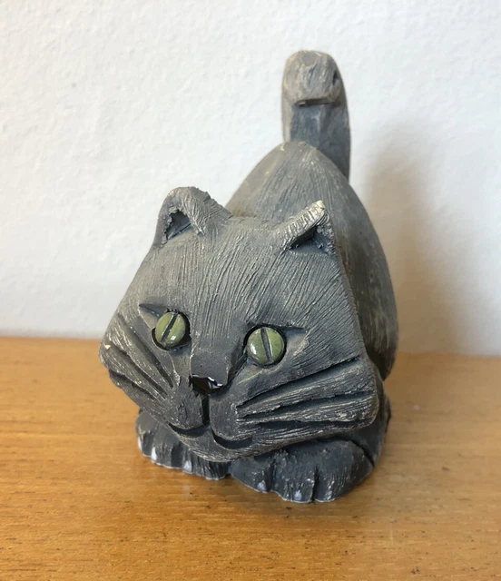 Vintage signiert Artesania Rinconada Uruguay Keramik grau Katze grüne Augen Volkskunst