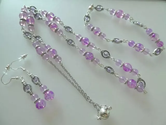 Vintage Art Deco Style Lilac Opalescent Necklace, Bracelet, Silver Long Earrings