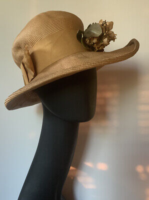 Vtg Womens Wide Brim Fine Straw Hat 1940s Neutral Natural  Flowers small size