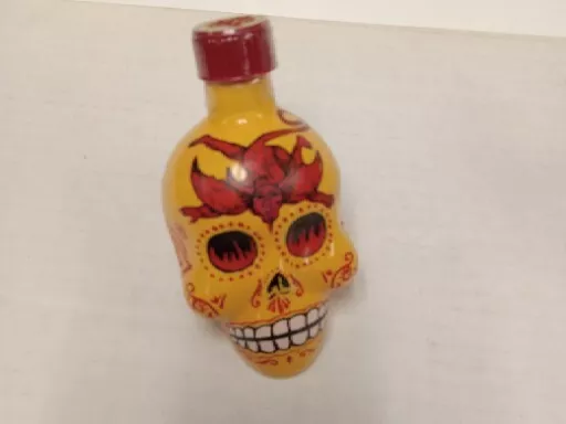 KAH TEQUILA Hand Painted Yellow Day of the Dead Skull EMPTY Bottle 50 ML KAH TEQUILA Hand Painted Yellow Day of the Dead Skull EMPTY Bottle 50 ML