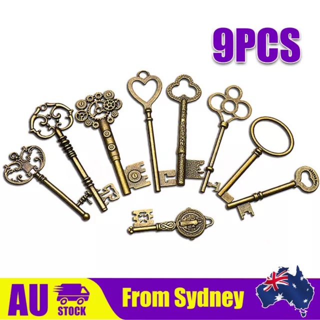 Large Skeleton Keys Antique Bronze Vintage Old Look Wedding Decor Set of 9PCS ~