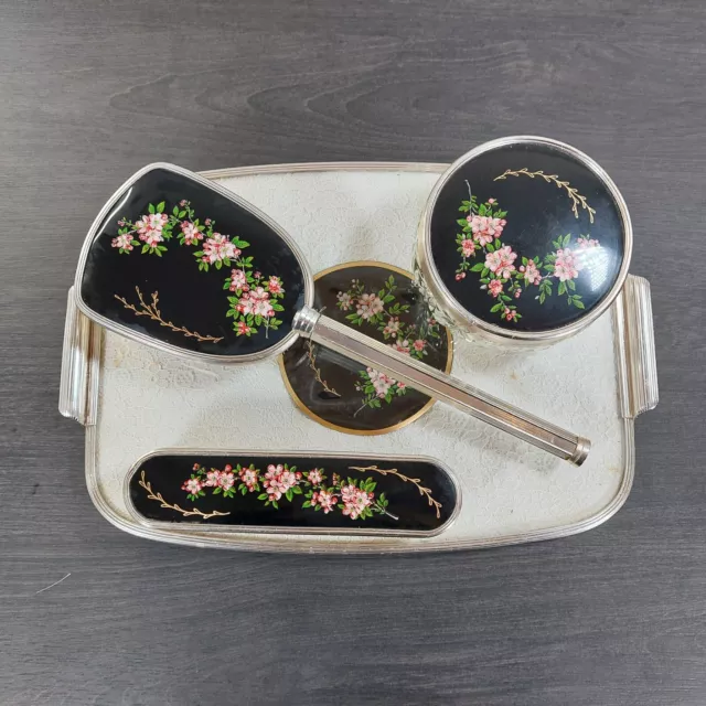 Vanity Dressing Table Set Hair Brush Tray Trinket Pot Clothes Brush Black Floral