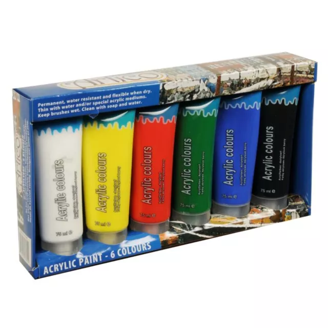 12x Peintures Acryliques 6x75ml Tubes Laque Teintée Toile Artiste Bricoleur L'