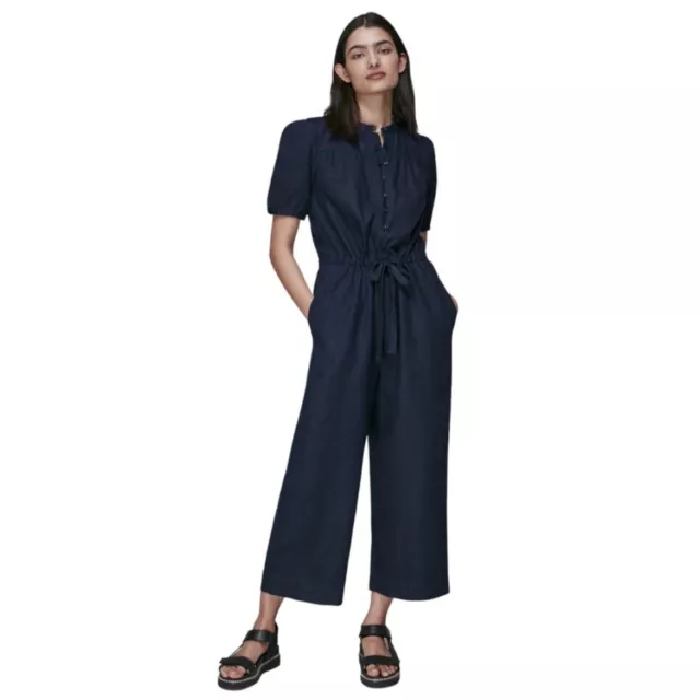 Whistles Linen Jumpsuit Womens 4 Button Front Dark Denim Blue Jumper NWT $279