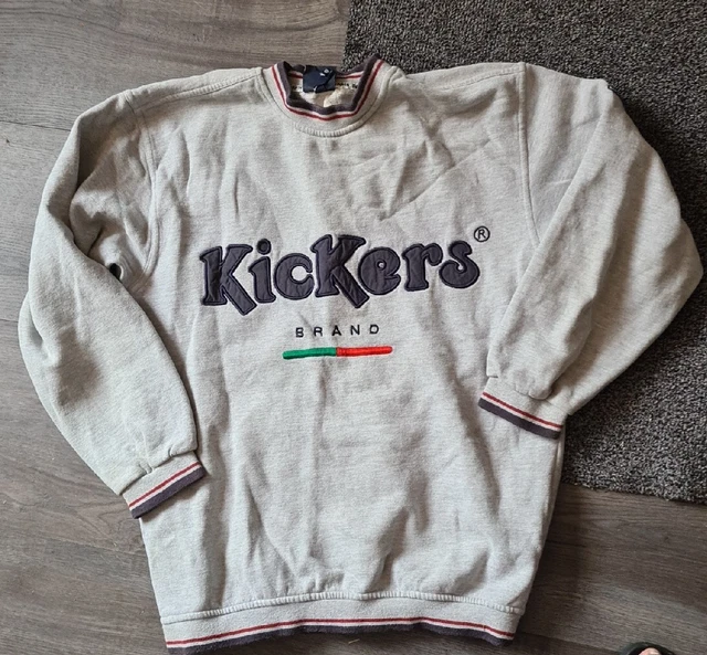 Felpa pullover Vintage anni '90 Kickers Maglione Logo Incantesimo XL Grigio Collo Alto