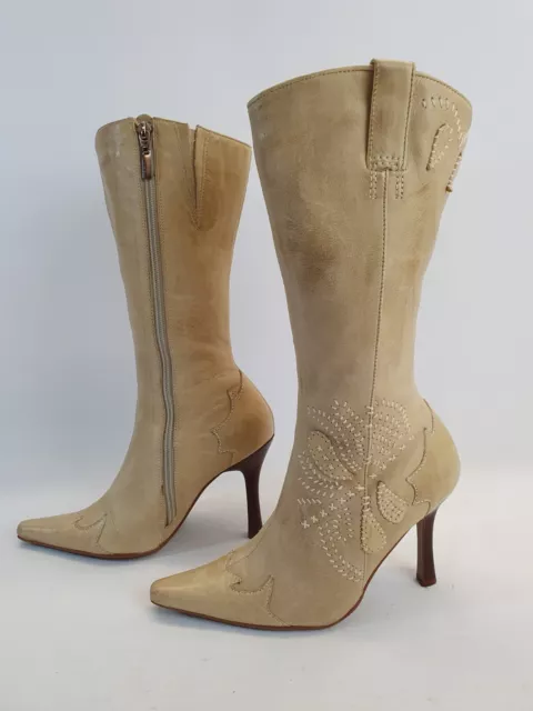 GENUINE Ladies Womens Boots Size 5 Eu 38 Beige Leather MidCalf Boot