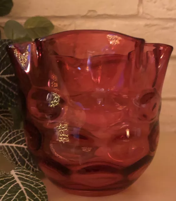 Vintage Fenton Hand-Blown Cranberry Optic Coin Dot Art glass vase 4" Tall.