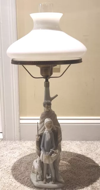 Vintage Lladro Spain "Shepherd with Girl & Lamb" Large Porcelain Table Lamp RARE