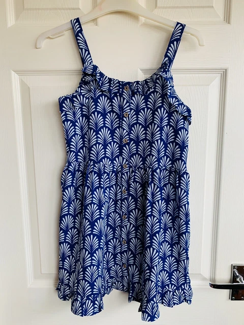 girls dress age 9 years NEXT blue white leaf print button frill skirt summer