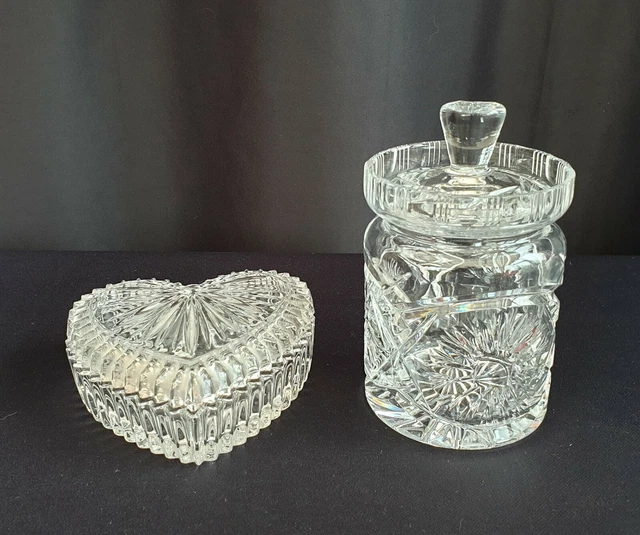 Cut Glass Preserve Lidded Jar and Heart Shaped Trinket box Unmarked