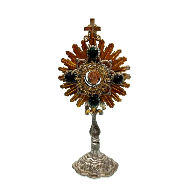 Feinzinn Monstranz 12 cm Puppenstube Hausaltar Altar bunte Steine Reliqie