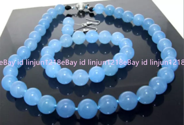 10mm Blue Chalcedony Gemstone Beads Necklace 18'' Bracelet Earring Set