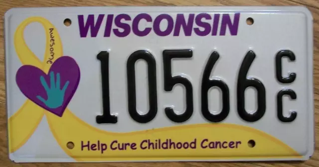 SINGLE WISCONSIN LICENSE PLATE - 10566cc - HELP CURE CHILDHOOD CANCER