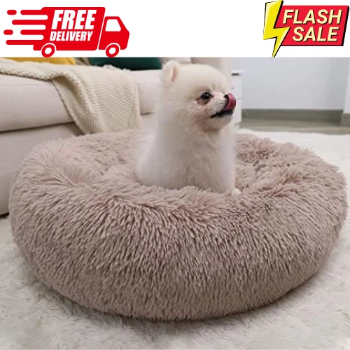 Donut Plush Pet Dog Cat Bed Fluffy Soft Warm Calming Bed Sleeping Kennel Nest