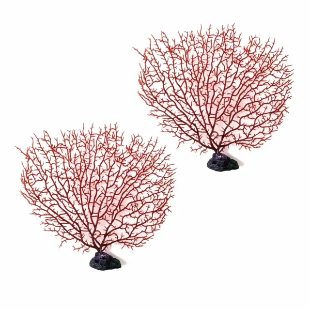 2pcs Red Coral Tree Artificial Coral Ornament with Base for Aquarium Fish Tank