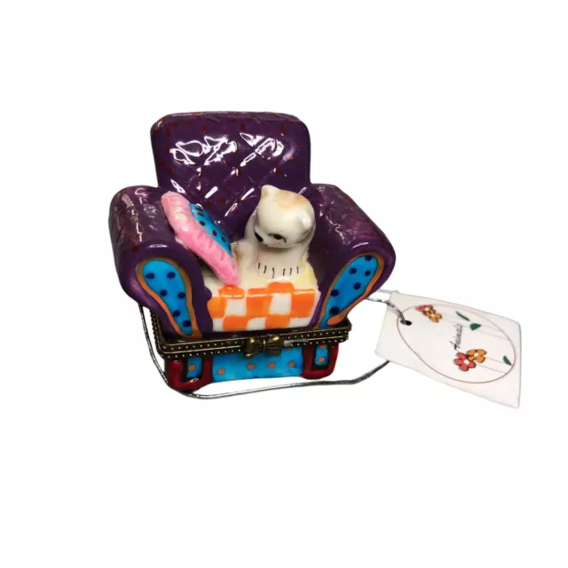 GIFT BOX CAT Chair Porcelain Hinged Trinket Present Jewelry Pill Purple ...