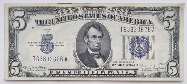 1934 D Five Dollar Silver Certificate Blue Seal Note $5 Bill Higher Grade #65515