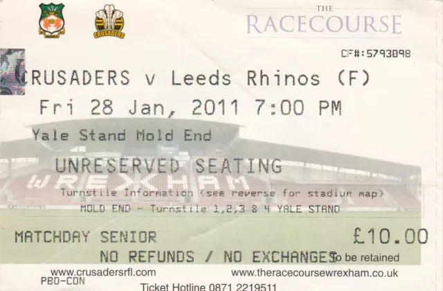 Ticket - Crusaders v Leeds Rhinos 28.01.2011