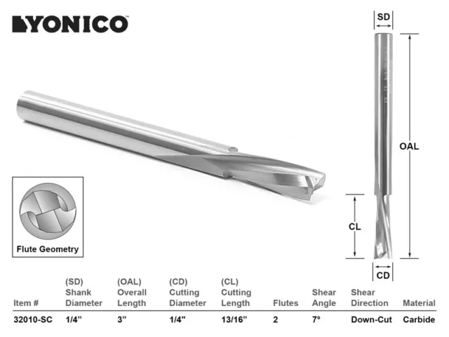 1/4" Dia. Low Helix Downcut Spiral CNC Router Bit - 1/4" Shank - Yonico 32010-SC