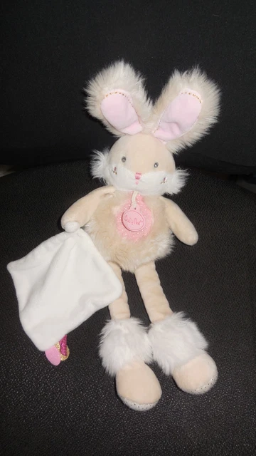 doudou peluche lapin Papuche beige rose + mouchoir BABY NAT