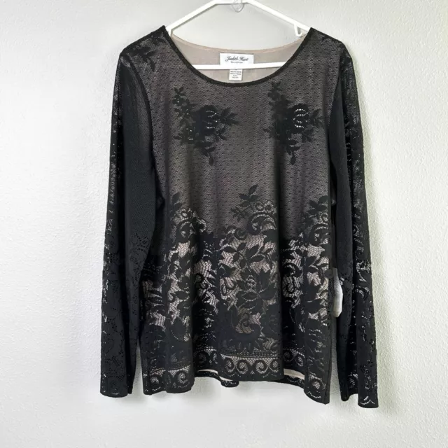 Judith Hart Blouse Womens Size XL Black Floral Lace Long Sleeve Classic Top NWT