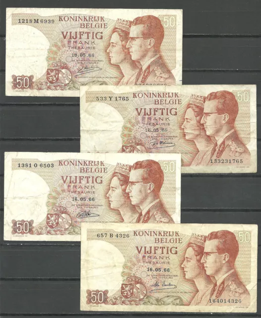 BELGIUM 50 Frank, 1966, lot of four, 4 different signatures, circulated (f)