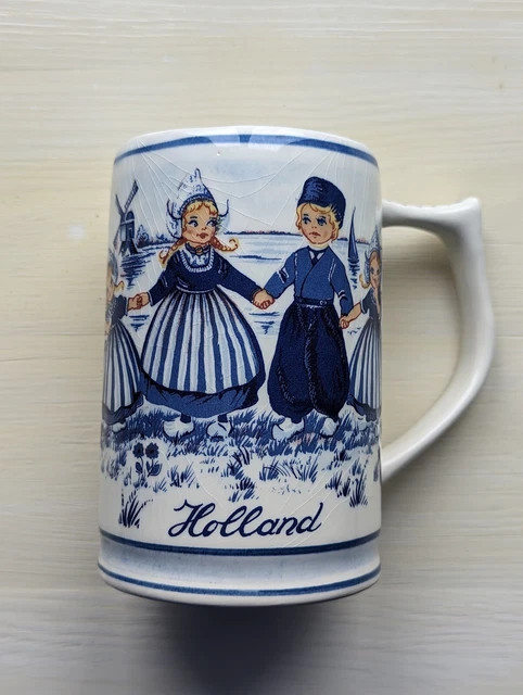 Vintage Dutch Delft Blue Large Hand Painted Children Dancing Tankard Mug