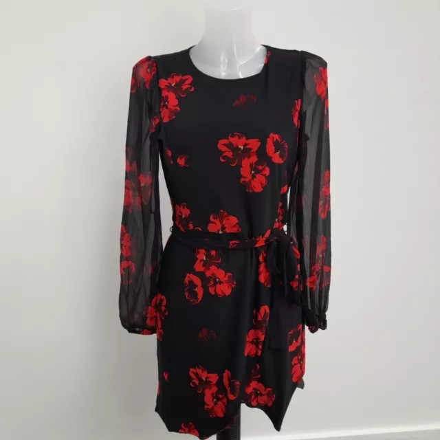 Tommy Hilfiger Dress Size 8 Womens Black Red Floral Long Sleeve -WRDC