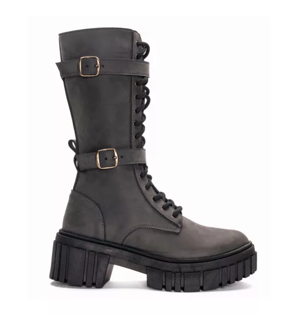 Vegan boot mid calf biker rock casual adjustable straps buckle breathable chunky