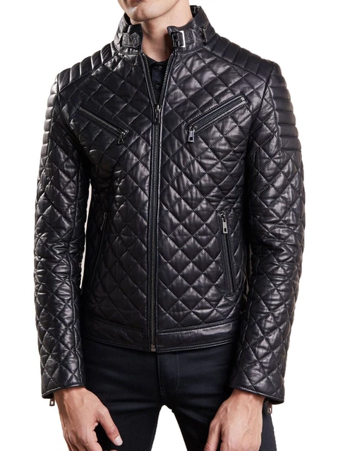 Mens Black Quilted Biker Jacket  Genuine Real Lambskin Padded Puffer Jacket USXL