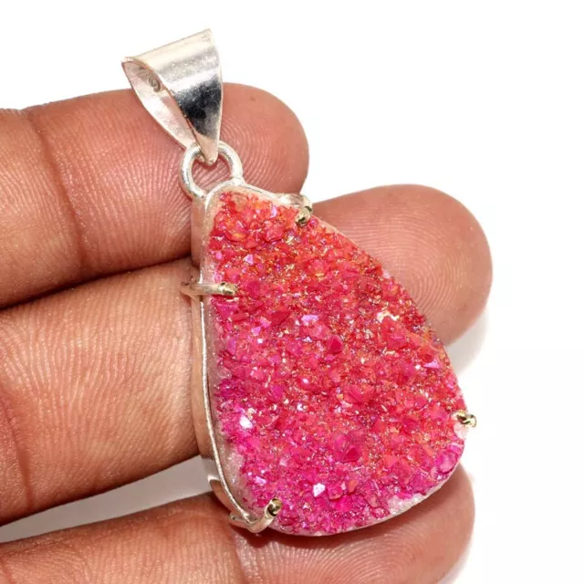 925 Silver Plated-Titanium Druzy Gemstone Ethnic Pendant Jewelry 1.7" AU s715