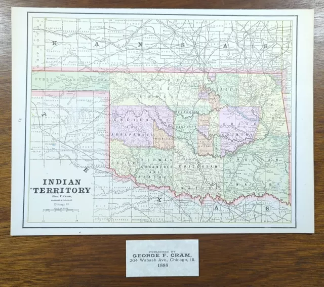 Vintage 1888 INDIAN TERRITORY Map 13"x11" Old Antique Original CHICKASAW NATION